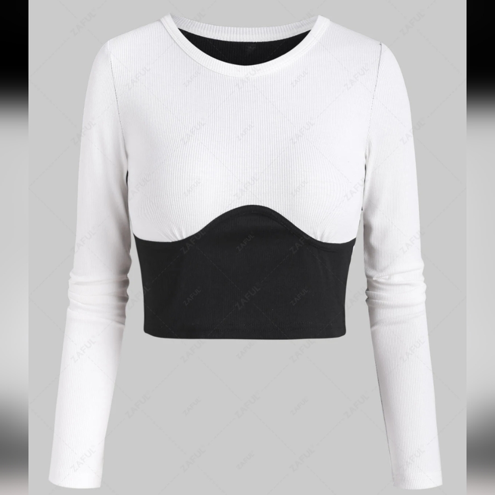 May Pink Rib-Knit Two Tone Underbust Seam Detail Crop Long Sleeve Tee Size Large